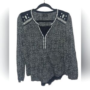 EUC Lucky Brand Black And Cream Boho Western Embroidered Top Size Medium